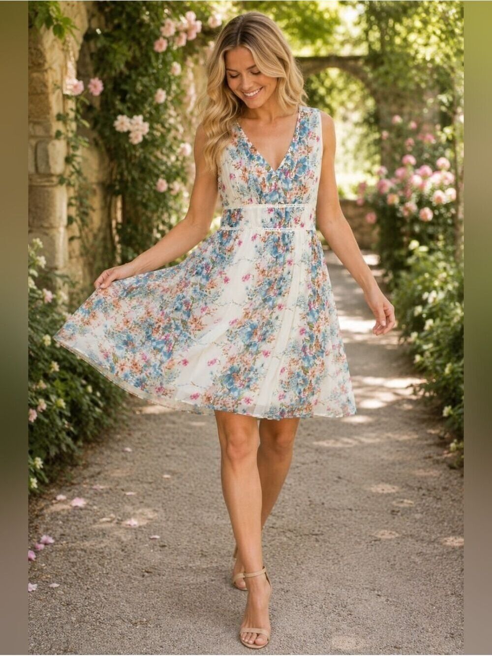 entro Floral Babydoll Dress L Cottagecore Garden Party Spring Romance